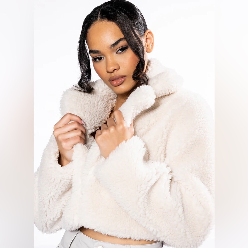 Akira Ivory Luxe Fur Crop Bomber Jacket